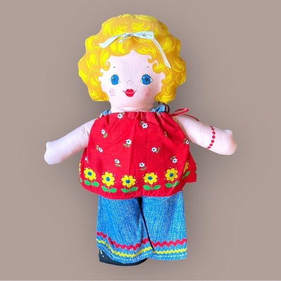 Vintage Lithographed Rag Doll Soft Toy 1970's with hand crafted outfit - Picture 1 of 6